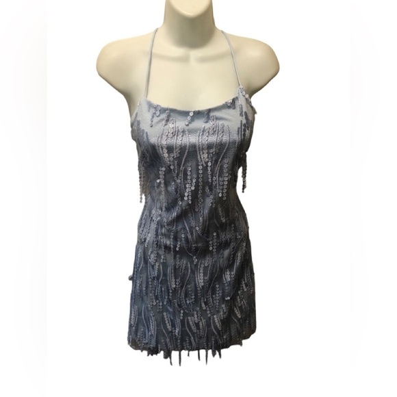 Lulus Making Magic Strappy Mini Dress XL Shimmery Fringe Ice Blue Criss Cross - Picture 3 of 10